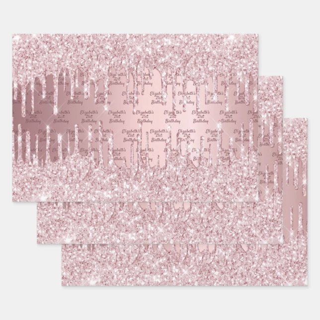 Birthday pink glitter drips dusty rose monogram wrapping paper sheets (Set)