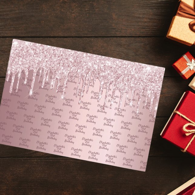 Birthday pink glitter drips dusty rose monogram wrapping paper sheets (Creator Uploaded)