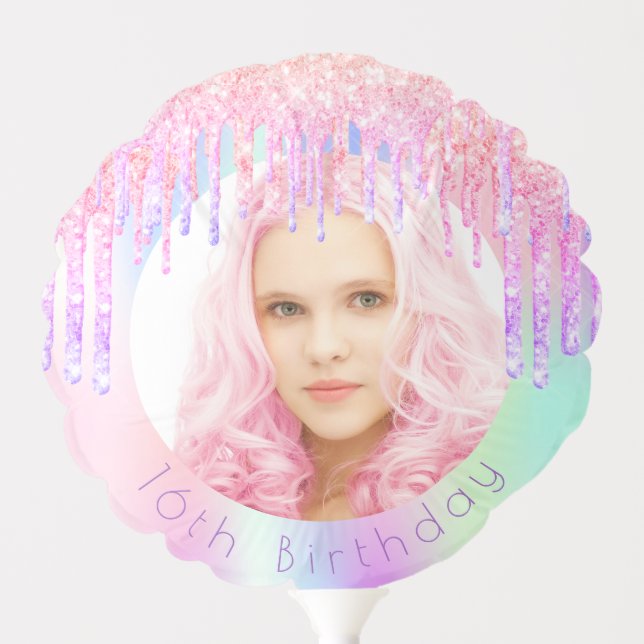 Birthday pink glitter drips photo holographic balloon (Front)