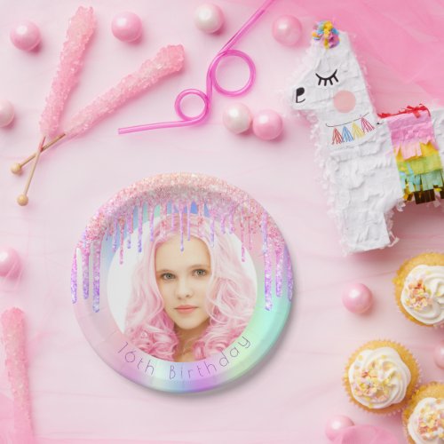 Birthday pink glitter drips photo holographic paper plates