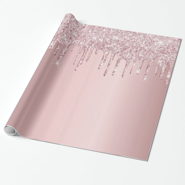 Birthday pink glitter drips sparkle dusty rose  wrapping paper (Unrolled)