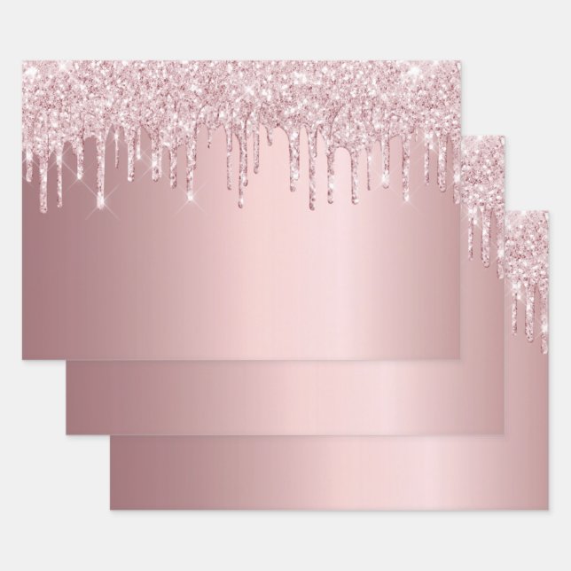 Birthday pink glitter drips sparkle dusty rose wrapping paper sheets (Set)