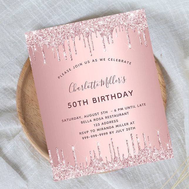 Birthday pink glitter dusty rose budget invitation (Creator Uploaded)