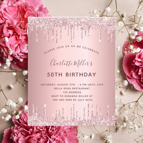Birthday pink glitter dusty rose budget invitation flyer