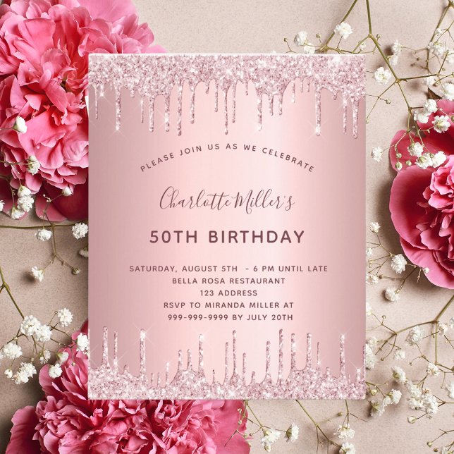 Birthday pink glitter dusty rose budget invitation flyer (Creator Uploaded)