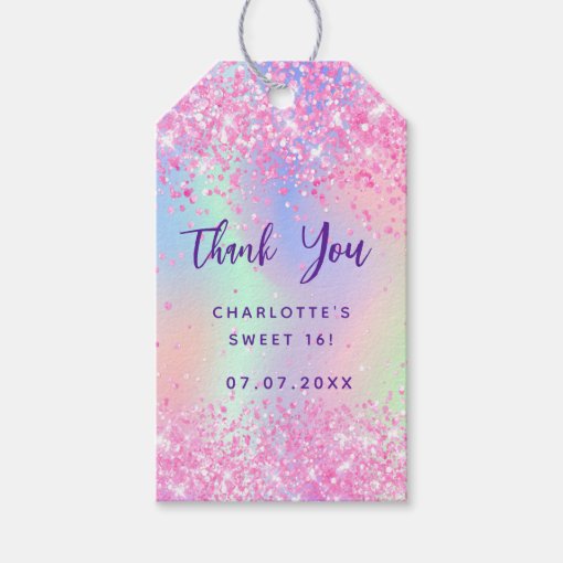 Birthday pink glitter holographic thank you gift tags Zazzle