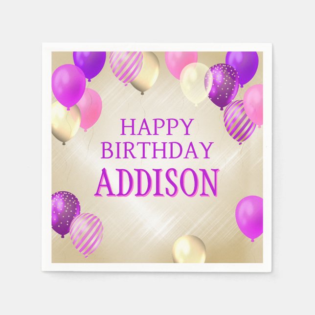 Birthday Pink Gold Balloons Napkins (Front)