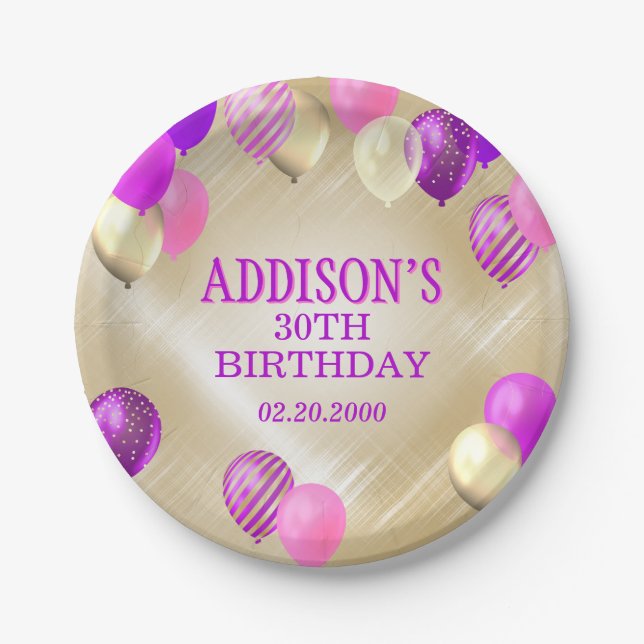 Birthday Pink Gold Balloons Paper Plates (Front)
