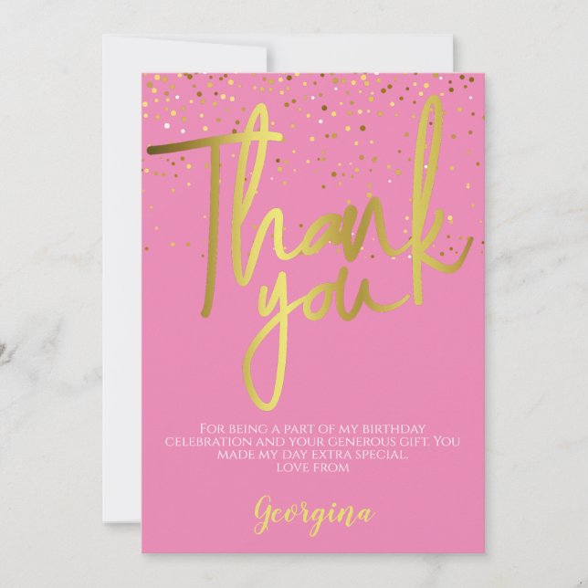Birthday Pink Gold Typography Thank You Card (Front)