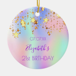 Birthday pink holographic gold stars ceramic ornament