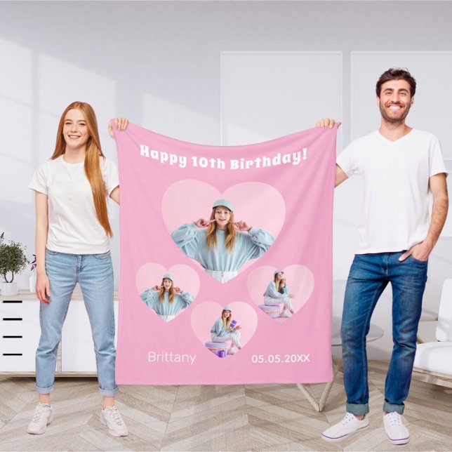 Birthday pink name age photo heart collage girl fleece blanket (Creator Uploaded)