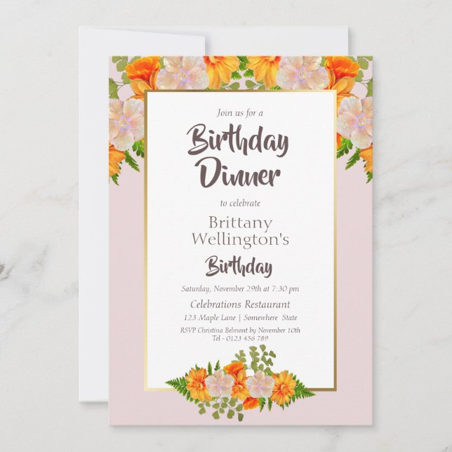 Birthday Pink Orange Gold Floral Party Invitation (Front)