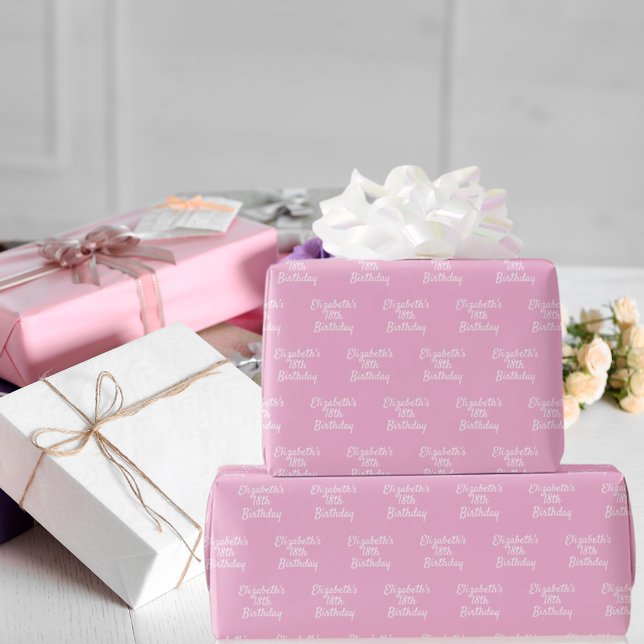 Birthday pink pastel white name wrapping paper (Creator Uploaded)