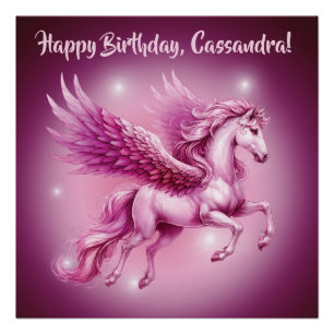 Birthday Pink Pegasus Fantasy Design Glossy Poster