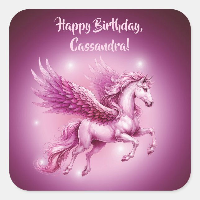 Birthday Pink Pegasus Fantasy Design Square Sticker (Front)