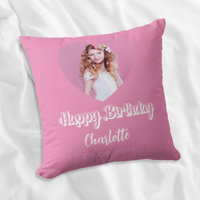 Birthday pink photo heart name script girl throw pillow (Creator Uploaded)