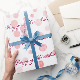 Birthday Pink Plaid Dots On White     Wrapping Paper