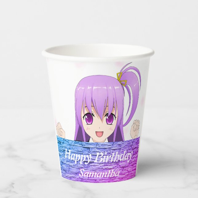 Birthday pink purple anime kawaii girl name paper cups (Front)