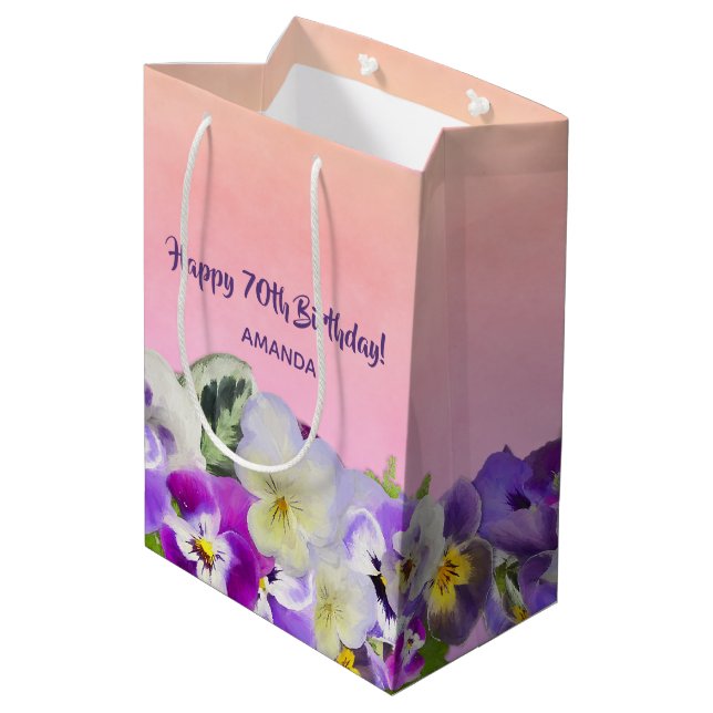 Birthday pink purple blush florals name medium gift bag (Back Angled)
