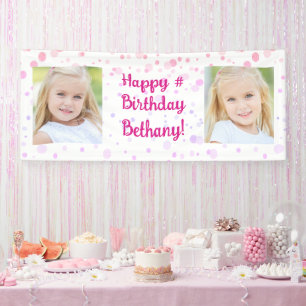 Birthday Pink Purple Confetti 2 Photo Personalized Banner