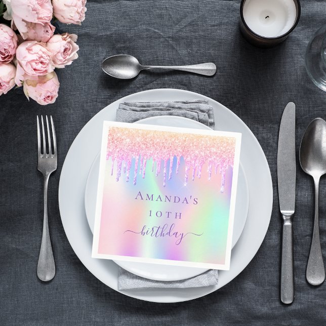 Birthday pink purple drips holographic name napkins (Creator Uploaded)