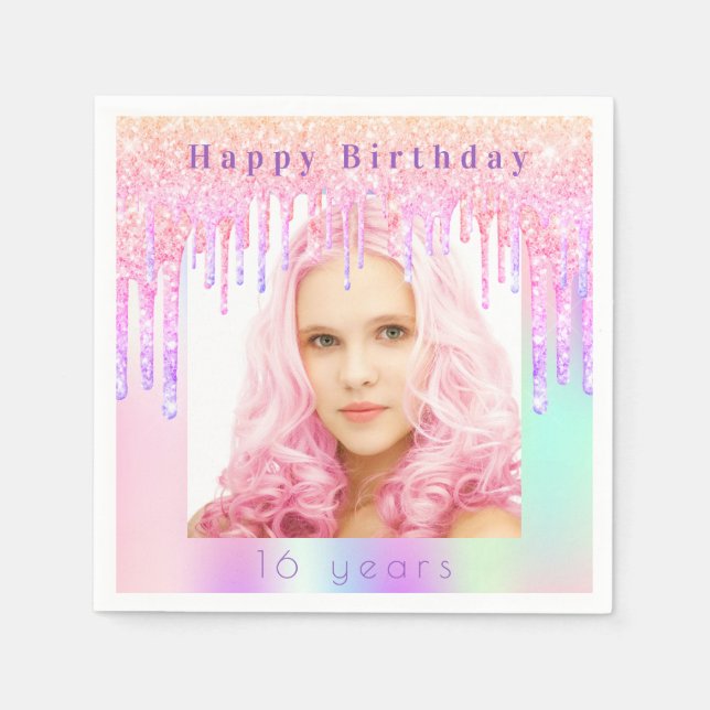 Birthday pink purple drips photo holographic napkins (Front)