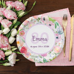 Birthday pink purple florals monogram paper plates<br><div class="desc">Summer and garden themed design,  bohemian,  boho style for a 80th summer birthday party. Soft,  feminine watercolored flowers in pink and peach colors with green leaves on a white background.
Template for a name,  age and date purple letters.</div>