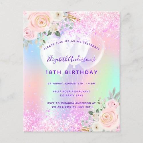Birthday pink purple glitter balloons invitation