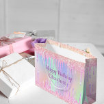 Birthday pink purple glitter drips holographic large gift bag<br><div class="desc">A gift bag for a girly and glamorous 21st (or any age) birthday.  A rainbow,  unicorn holographic colored background in pink,  purple and rose gold with faux glitter drips,  paint dripping look. Trendy block letters and the text: happy birthday. Personalize and add a name.</div>