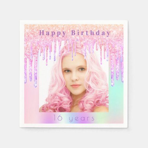 Birthday pink purple glitter drips photo napkins