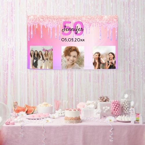 Birthday pink purple glitter drips welcome photo banner