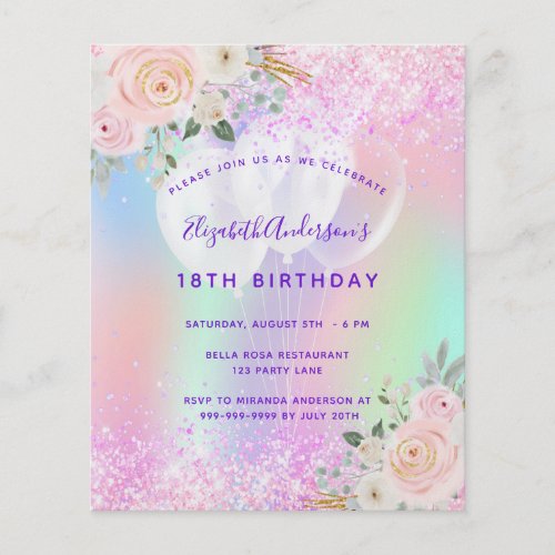 Birthday pink purple glitter floral balloon budget flyer