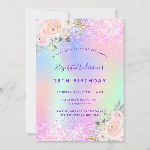 Birthday pink purple glitter floral holographic invitation