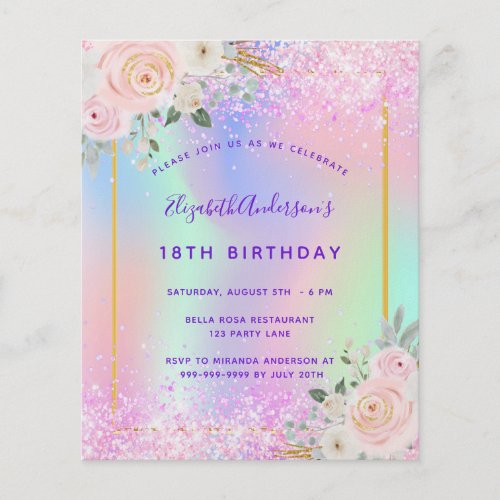 Birthday pink purple glitter floral invitation flyer