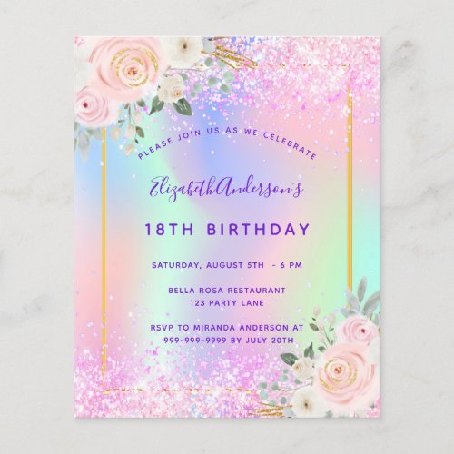 Birthday pink purple glitter floral invitation flyer