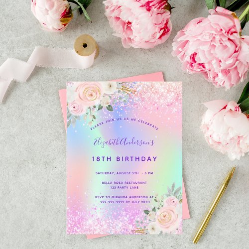 Birthday pink purple glitter floral invitation postcard