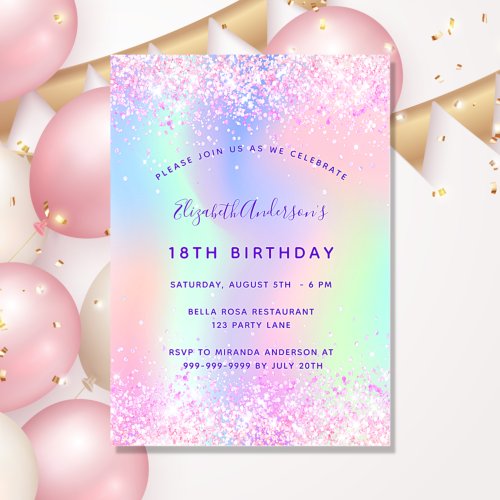 Birthday pink purple glitter holographic invitation
