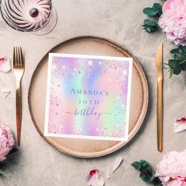 Birthday pink purple glitter holographic name napkins (Creator Uploaded)