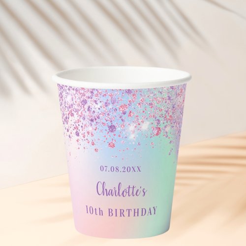 Birthday pink purple glitter holographic name paper cups