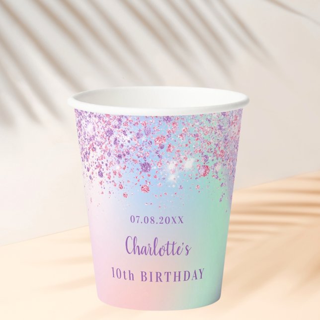 Birthday pink purple glitter holographic name paper cups (Creator Uploaded)