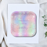 Birthday pink purple glitter holographic name paper plates<br><div class="desc">A girly trendy iridescent background with unicorn and rainbow pastel colors in pink,  purple,  rose gold,  mint green. Decorated with faux glitter dust.  Personalize and add a name and age.  The word birthday is written with a modern hand lettered style script.</div>