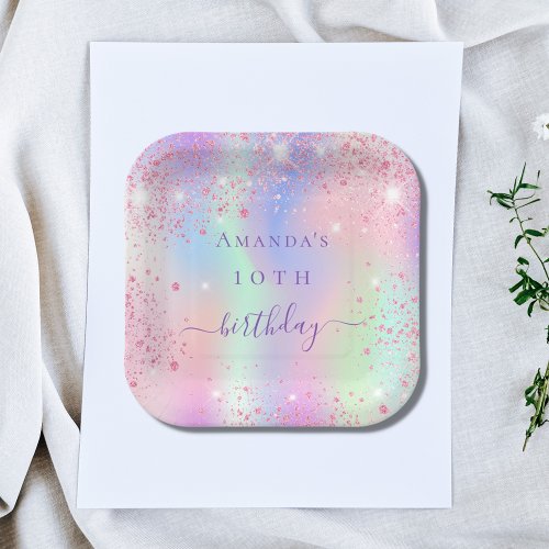 Birthday pink purple glitter holographic name paper plates