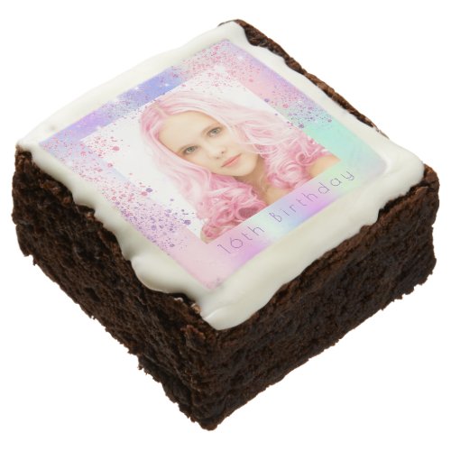 Birthday pink purple glitter photo holographic brownie