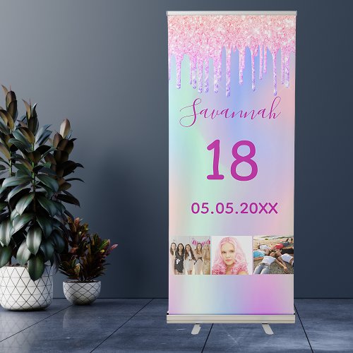 Birthday pink purple glitter photo holographic retractable banner