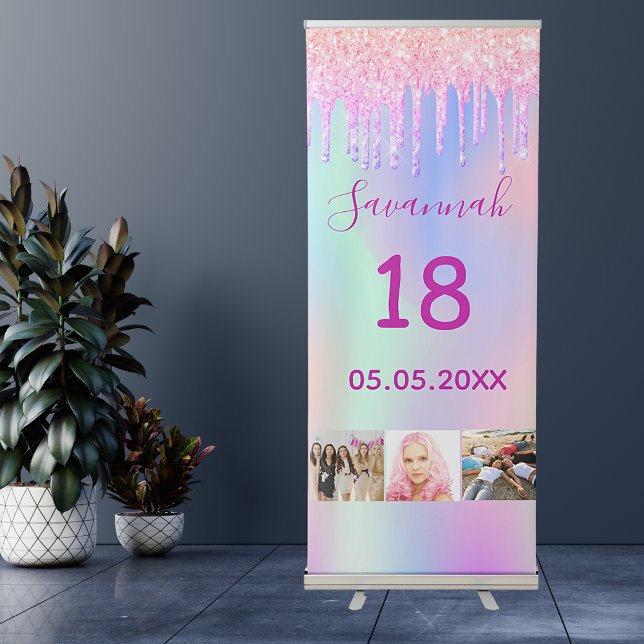 Birthday pink purple glitter photo holographic retractable banner (Creator Uploaded)