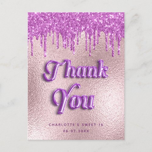 Birthday pink purple glitter rose gold thank you postcard