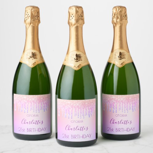 Birthday pink purple glitter sparkle name sparkling wine label