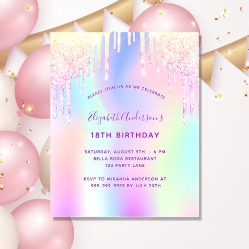 Birthday pink purple holographic budget invitation flyer