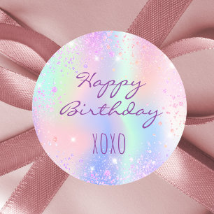 Birthday pink purple holographic hugs kisses classic round sticker