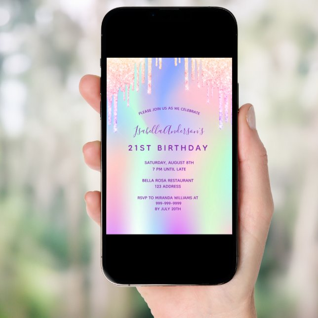Birthday pink purple holographic party girl invitation (Front Digital)